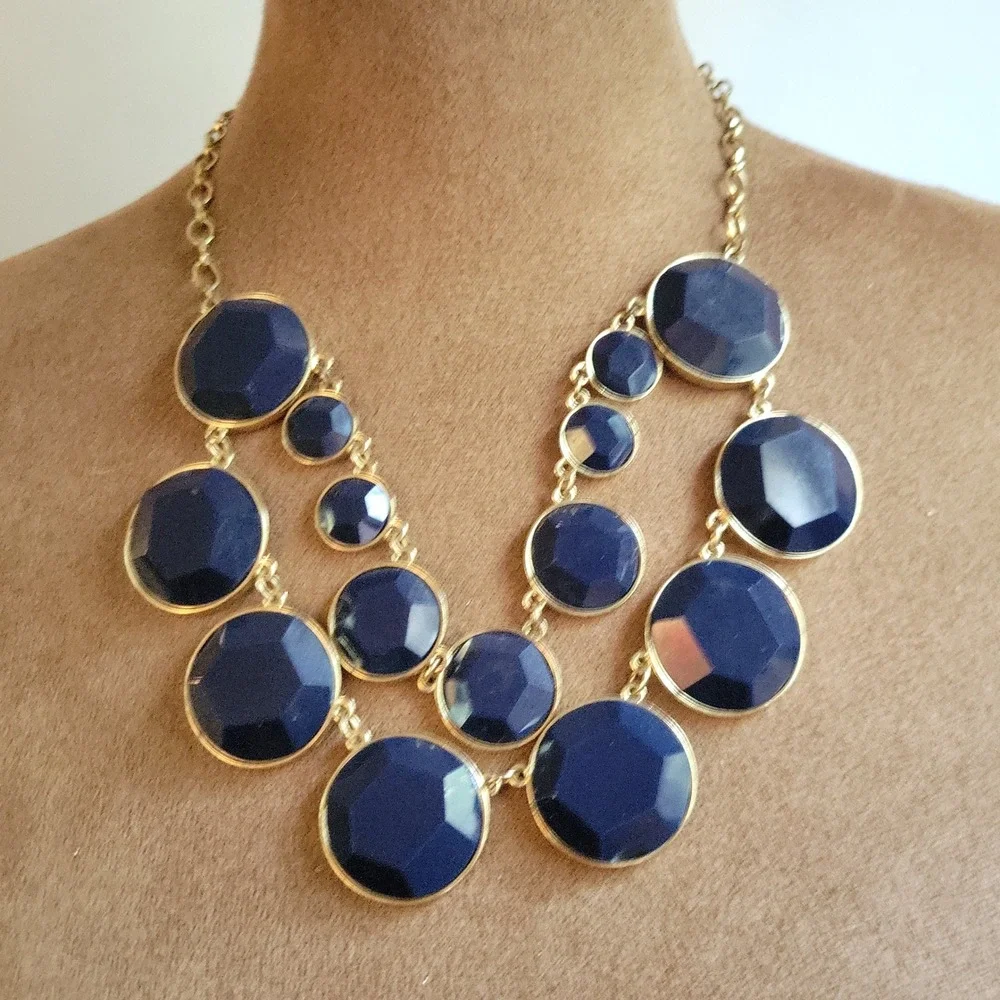 Kate Spade Navy Blue Gold Tone Resin Stone Bib Statement Necklace Size 17 Preppy